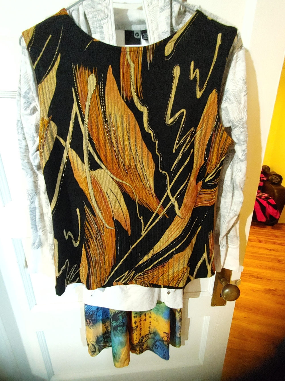 Women's Black Tank Top with Gold Leaf-Print Accents